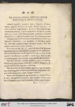 De oxydatione metallorum eorumque reductione