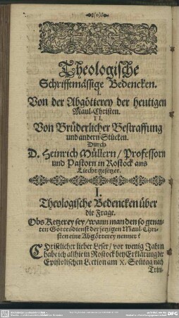 Theologische Schrifftmässige Bedencken