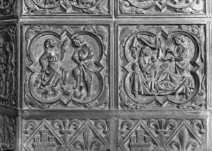 Sockelrelief: Szenen aus der Genesis — Adam und Eva arbeiten