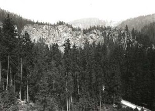 Westerzgebirge. Schwarzwassertal (Schwarze Pockau) "Ringmauer" (Muskovitgneis). Blick vom Waldhang unter dem "Raubschloß" nach Nordnordost