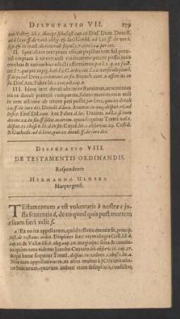 Disputatio VIII. De Testamentis Ordinandis. Respondente Hermanno Ulnero Marpurgensi