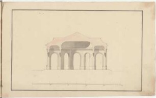 Lusthaus, 1. Entwurfsvariante, Längsschnitt : Lusthaus, 1. Entwurfsvariante, Längsschnitt, Zacharias Longuelune, 1715/1748. Feder, Pinsel in Wasserfarbe/Papier. 28,6 x 45,9 cm. Maßstab ohne Maßeinheit (50=26,6 cm).
