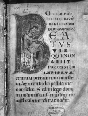 Psalterium aus einer bayrischen Malerschule — Initiale B (eatus vir) darin David mit der Harfe, Folio 1recto