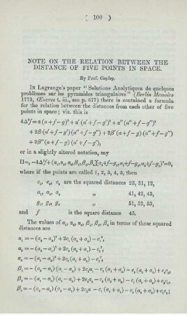 Note on the relation between the distance of five points in space.