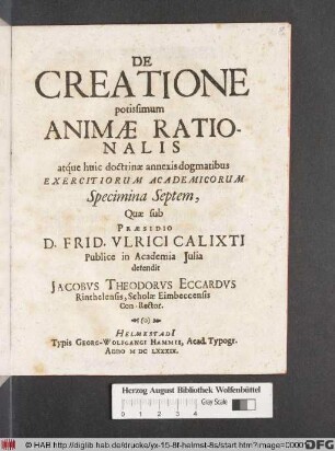 De Creatione potissimum Animae Rationalis atque huic doctrinae annexis dogmatibus Exercitiorum Academicorum Specimina Septem