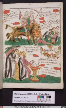 Oben: Die vier Engel vom Euphrat auf ihren Rossen (Offenb. 9,15). Unten: Der Engel mit dem Büchlein (Offenb. 10).