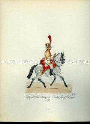 Uniformdarstellung, Trompeter des Dragoner-Regiments "Prinz Johann" zu Pferd, 1811. Aus: Sammelmappe "Sachsens Militär", Königliche Arsenalsammlung.