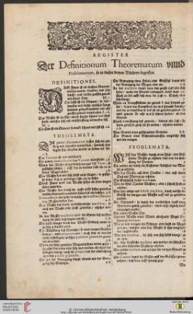 Register der Definitionum Theorematum unnd Problematum, so in diesen dreyen Buechern begriffen