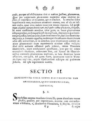 Sectio II. Experimenta Circa Genus Electricitatis Tam Originariae, Quam Communicatae, Continet.