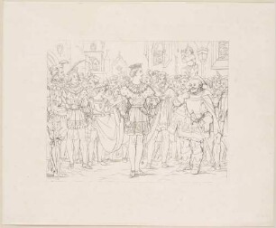 Zu Shakespeares "König Heinrich IV.", Teil 2, Blatt 13, 5. Akt, 5. Szene: Prinz Heinrich als neuer König weist Falstaff vor einer Volksmenge zurück