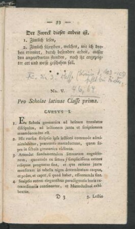 No. V. Pro Scholae latinae Classe prima.