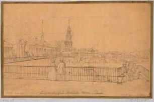 Blick von der Brühlschen Terrasse in Dresden nach Westen, mit Brühlscher Galerie, Katholischer Hofkirche, ersten Bau der Semperoper und umliegenden Gebäuden
