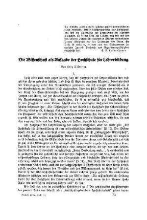 Die Wissenschaft als Aufgabe der Hochschule für Lehrerbildung