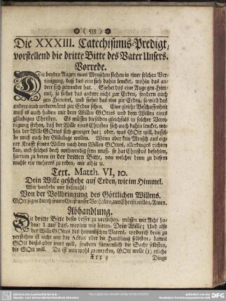 Die XXXIII. Catechismus-Predigt, vorstellend die dritte Bitte des Vater Unsers