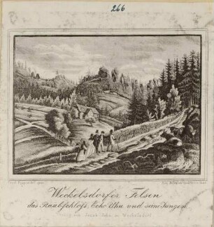 Das Raubschloss, Echo Uhu und seine Jungen in der Adersbach-Weckelsdorfer Felsenstadt (Adršpašsko-Teplické skály) im nordöstlichen Teil Böhmens, aus dem Sammelwerk Beschreibung vom Felsenthal bei Weckelsdorf