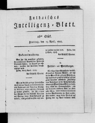 16tes Stück, Ausgabe vom 15. April 1808