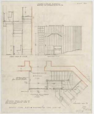 Fischer, Theodor; Planegg bei München (Bayern); Ev. Waldkirche - Windfang u. Emporentreppe (Grundriss, Ansicht, Schnitt)