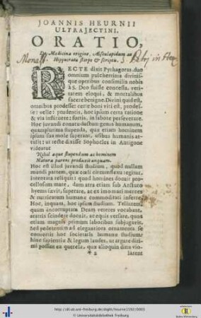 Joannis Heurnii Oratio de medicinae origine ... [mit Besitzeintrag].