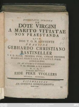 Dissertatio Ivridica De Dote Virgini A Marito Vitiatae Non Praestanda