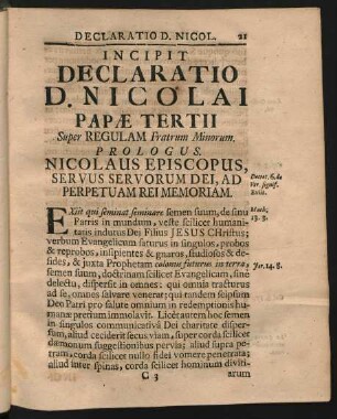 Incipit Declaratio D. Nicolai Papae Tertii Super Regulam Fratrum Minorum.
