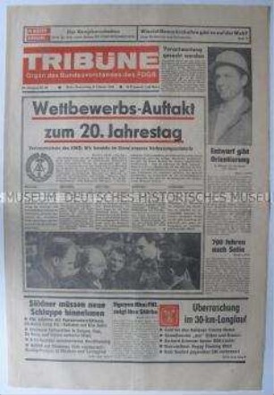 Tageszeitung des FDGB "Tribüne" zum sozialistischen Wettbewerb anlässlich des 20. Jahrestages der DDR