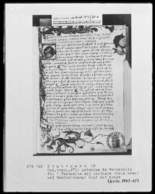 Antonius de Mercatello, Liber de arte memoria cum commentario — Textseite mit zwei figürlichen Illustrationen, Folio 1recto