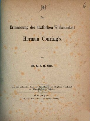 Zur Erinnerung der ärztlichen Wirksamkeit Herman Conring's