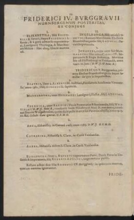 Friderici IV. Burggravii Nurnbergensis Posteritas, Ex Coniuge