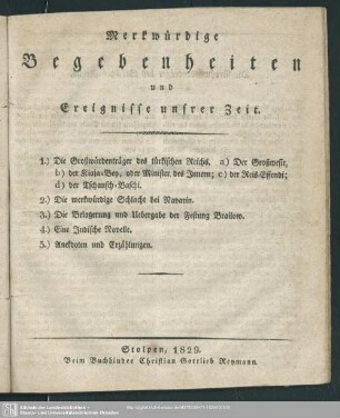 Merkwürdige Begebenheiten und Ereignisse unsrer Zeit, 1829