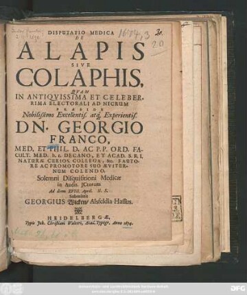Disputatio Medica De Alapis Sive Colaphis