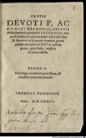 Oratio devoti P. ac Domini Raphaelis ... de natiuitate domini nostri Iesu Christi