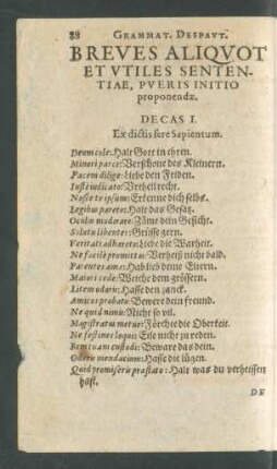 Breves Aliquot Et Utiles Sententiae, Pueris Initio proponendae.