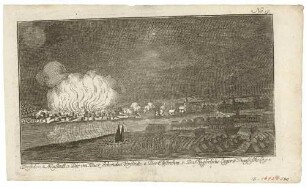 Die Verbrennung der Dresdner Vorstädte durch die preußische Armee im Siebenjährigen Krieg am 10. November 1758, Blick von der Neustadt über die Elbe auf die brennende Pirnaische Vorstadt bei Nacht