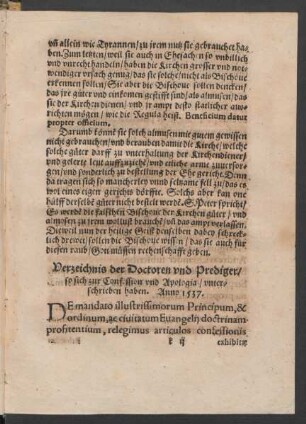 Verzeichnis der Doctoren und Prediger/ so sich zur Confession und Apologia/ unterschrieben haben.