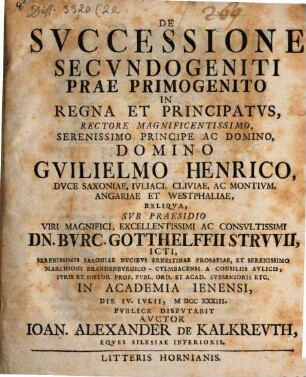 Dissertatio de successione secundogeniti prae primogenito in regna et principatus