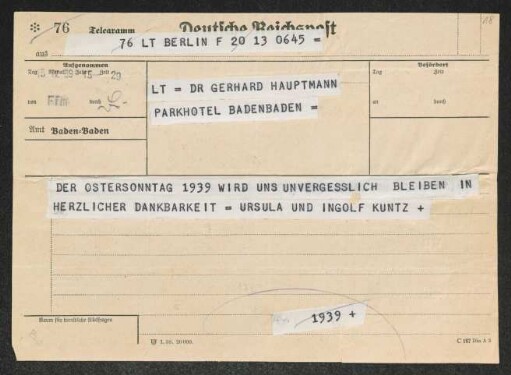 Brief von Ingolf Kuntze und Ursula Kuntze an Gerhart Hauptmann