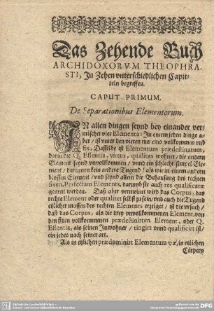 Das Zehende Buch Archidoxorum Theophrasti, In Zehen unterschiedlichen Capiteln begriffen.