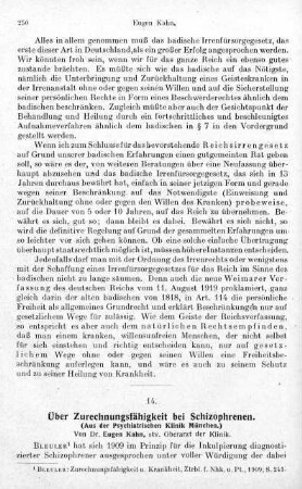 250-261, Über Zurechnungsfähigkeit bei Schizophrenen. (Aus der Psychiatrischen Klinik München.)