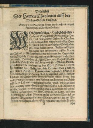 Bedencken Der Herren Theologen auff der DohenSchule Leipzig.