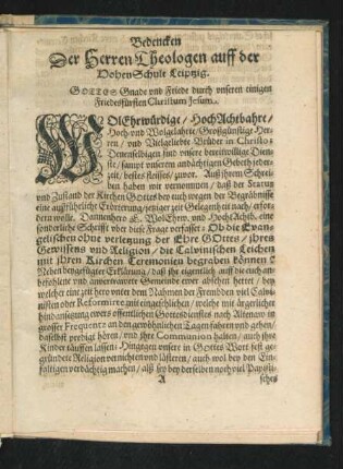 Bedencken Der Herren Theologen auff der DohenSchule Leipzig.