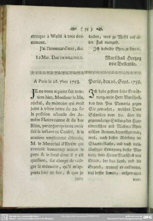 A Paris le 26. 7bre 1758. Paris, den 26. Sept. 1758