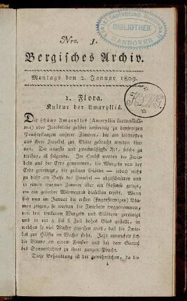 Nro. 1. Bergisches Archiv. Montags den 2. Januar 1809. - No. 2. Bergisches Archiv. Montags den 9. Januar 1809.