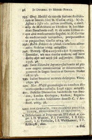 Libri Non Compacti, Item Fasciculi Dissertationum, Programmatum Et Orationum.