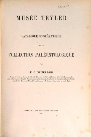 Catalogue systématique de la collection paléontologique, Musée Teyler. 5