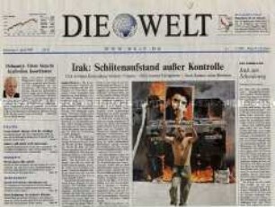 Fragment der Tageszeitung "Die Welt" zum Widerstand der Schiiten gegen die US-Besatzung im Irak und zur Suche nach Osama bin Laden