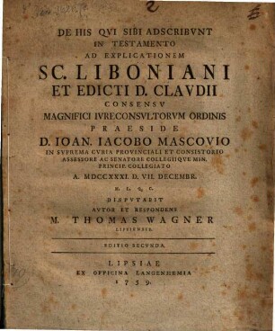De His Qvi Sibi Adscribvnt In testamento Ad Explicationem Sc. Liboniani Et Edicti D. Clavdii