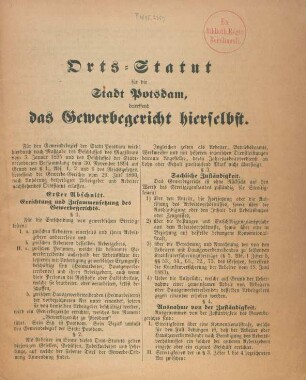 Orts-Statut für die Stadt Potsdam, betreffend das Gewerbegericht hierselbst