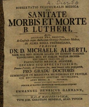 Dissertatio Inauguralis Medica De Sanitate Morbis Et Morte B. Lutheri