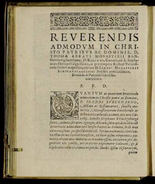 Reverendis Admodum In Christo Partibus Ac Dominis, D. Thomæ Abbati [...]