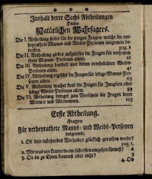 Innhalt derer Sechs Abtheilungen Dieses natürlichen Wahrsagers.